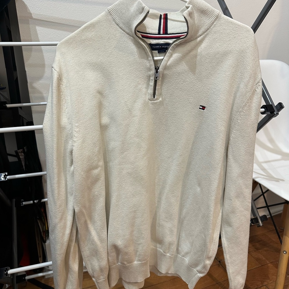 Tommy Hilfiger Men's Cream Half-Zip Sweater with Logo